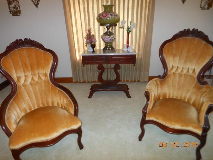 Antique parlor chairs & harp table