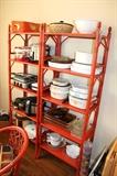 Painted rattan shelfs with small appliances and Corningware / Pyrex