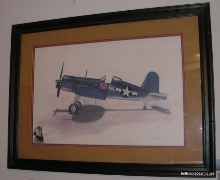 J Ficklen F4 Corsair Print signed by both Pappy Boyington and J Ficklen