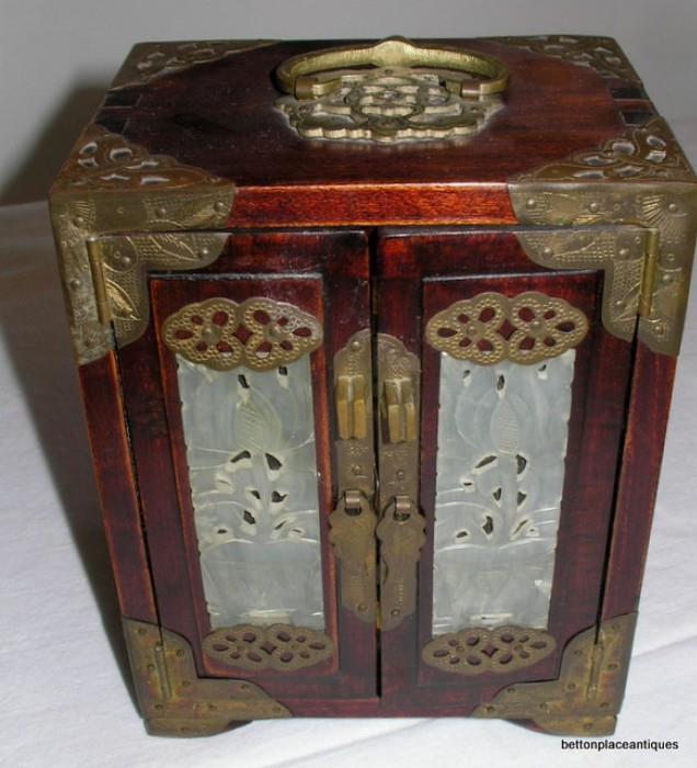 Asian Trinket box with inlaid carved Jade and Brass
