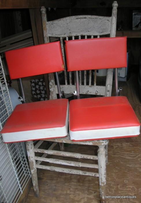 two old stadium seats and wooden primitive chair in very nice condition