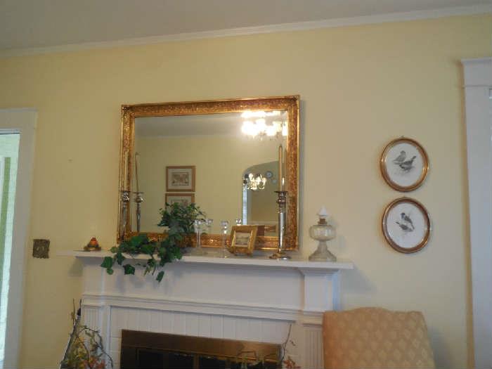Large gold gilt mantle mirror.  Pr. Silver candlesticks