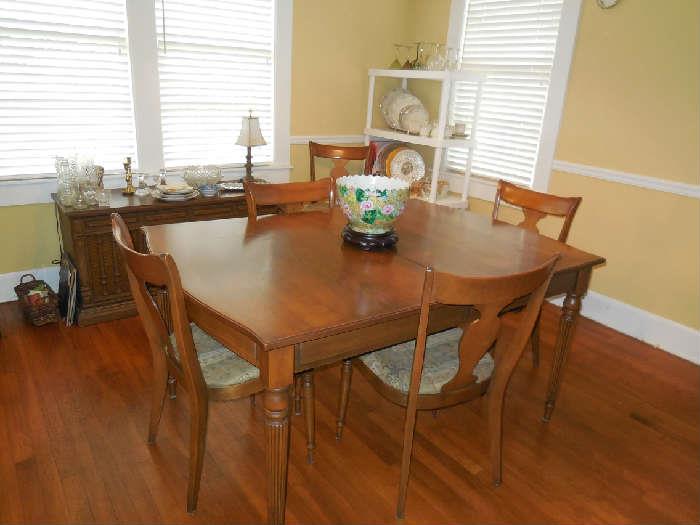 Walnut Dining Table, 6 Chairs, 1 Leaf