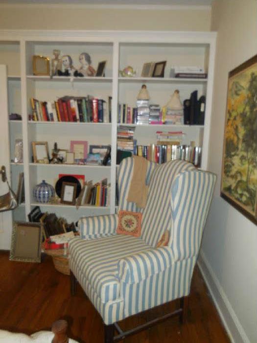 Blue/White Striped Wingback Chair, Books