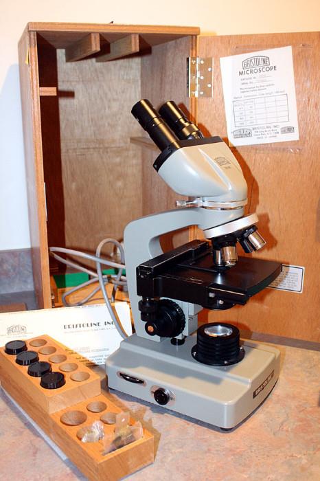 Mid to late 1970's microscope used in medical school. This microscope is not a toy, very heavy. All lenses still attached and includes wood carrying case. Bristoline 3002