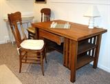 Mission style antique desk. Four shelves and front drawer. Caned chair sold with desk. Desk is deep enough for large projects and computer equipment. Narrow enough to fit in smaller spaces.