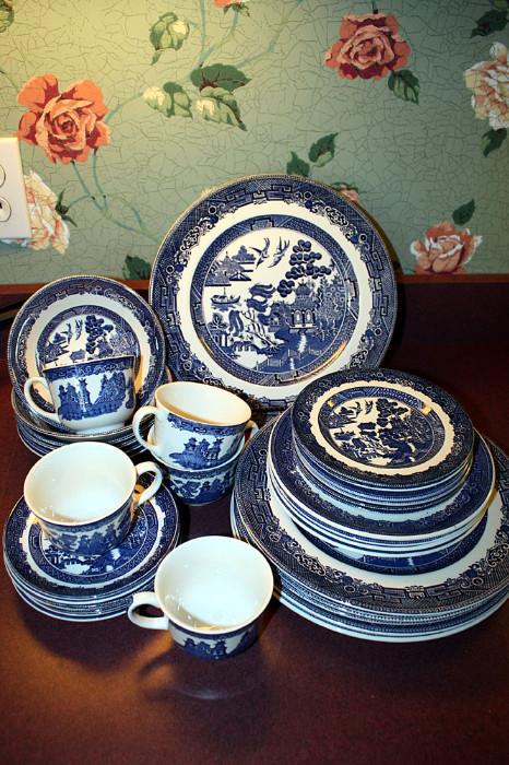 Johnson Brothers Ironstone Blue Willow.  Sold as a set of 6 place settings, six pieces each. Dinner plate, salad plate, bread and butter plate, cup and saucer and cereal bowl