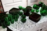 Vintage Anchor Hocking Forest Green Glassware. Sets sold separately. Including; Pitcher Cream & Sugar 2 sets of ten square luncheon plates Vase Square serving bowl Etc.
