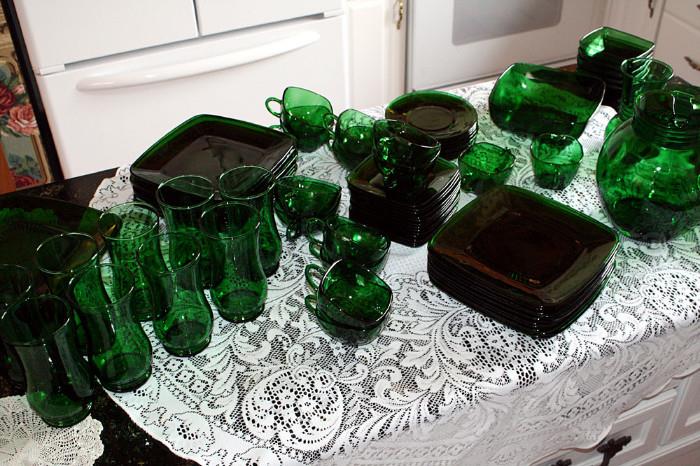 Vintage Anchor Hocking Forest Green Glassware. Sets sold separately.  Including;                                                   Pitcher                                                                                  Cream & Sugar                                                                    2 sets of ten square luncheon plates                              Vase                                                                                      Square serving bowl    Etc. 