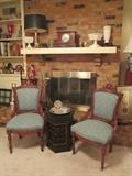 Victorian parlor side chairs in from the Renaissance Revival Period of the Victorian Age, circa 1870 along with a vintage 1970's Mediterranean style occasional table. 