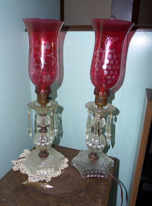 PAIR OF VINTAGE CRANBERRY ETCHED SHADE GLASS LAMPS