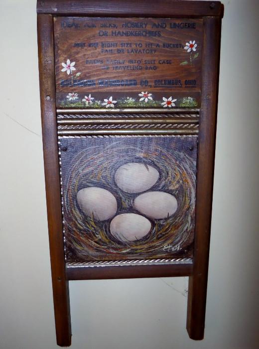 ANTIQUE WASH BOARD WITH NEW PAINTED SCENE