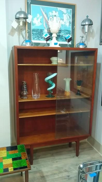 Bookcase by Arne Vodder, pair 1950's chrome table lamps, original artwork, artist signed, art glass vases from Czechoslovakia, mosaic mirrored side table, set/3 glass/chrome nesting tables. 