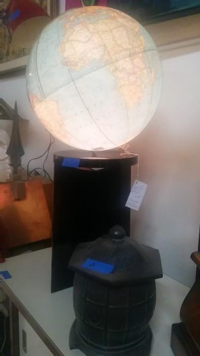 One of two illuminated globes, from the 1960's, on stands. 