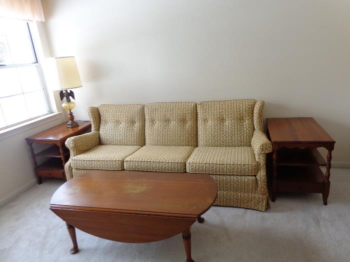 Vintage Ethan Allen 3-cushion sofa, matching Pennsylvania House end tables and coffee table.