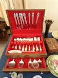 Beautiful 64pc set of Rogers "Remembrance" silver-plated flatware - service for 8 + serving pieces and box.