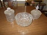 3 Crystal Pieces - Left to Right: Biscuit Jar; Large Fruit bowl; Covered Low Candy Dish - all VERY PRETTY!!!