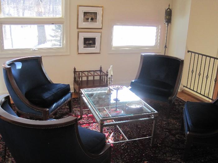 Four Drexel Heritage Armchairs. Glass topped Coffee Table.
