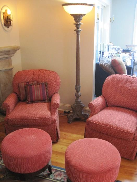 Swivel armchairs.Ottomans/foot-stalls. North Wind style Floor Lamp.