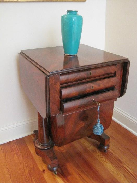 Antique American Sewing Table. Celadon Vase.