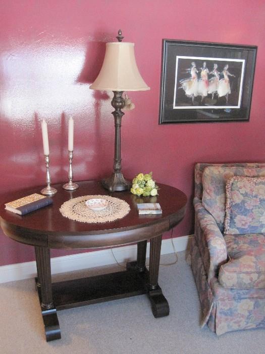 Antique side table. Pewter Candlesticks. Misc items.