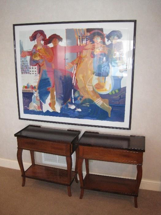 Pair of end tables by Milling Road for Baker. Numbered Serigraph by Listed artist " Hessam Abrishami"