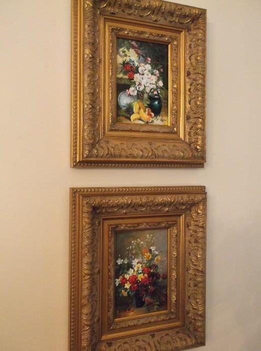 Signed acrylics of fruit and flowers 