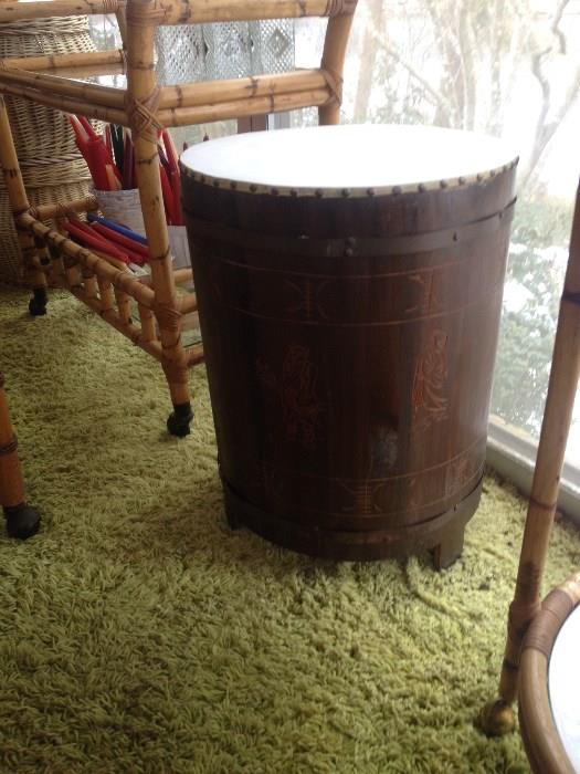 Vintage Barrel Drum Top Table, Bamboo Tea Cart