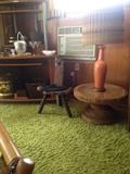 Vintage Lamp, Wicker Table, and Bar Ware