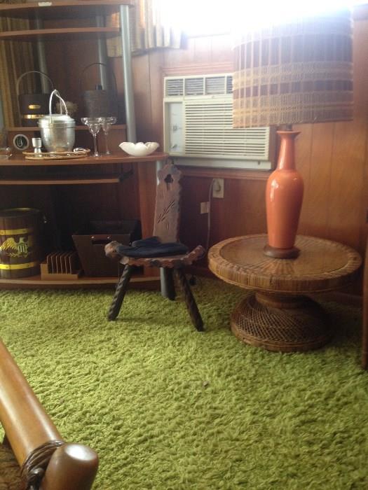 Vintage Lamp, Wicker Table, and Bar Ware