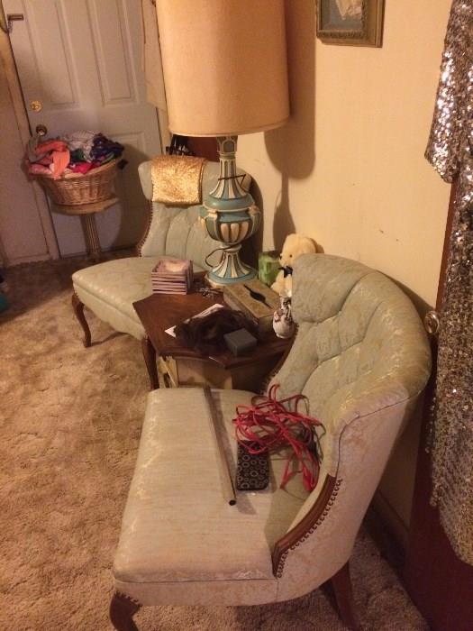 Two Upholstered Chairs, Vintage Table and Lamp