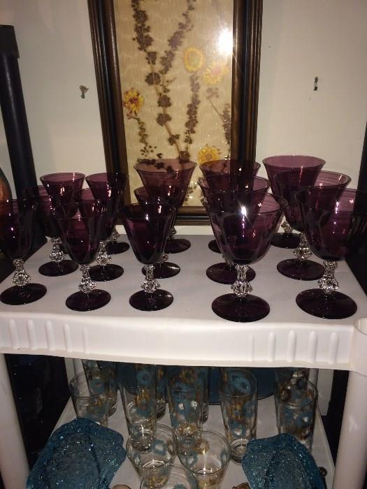Amethyst and Crystal Stemware, Vintage Glass Set
