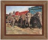 1032  Chang Reynolds (circa 1914-1987 Pasadena, CA)
Ringling Brothers Circus elephants, signed lower right: Chang Reynolds, oil on canvas, 22'' H x 28'' W, est: $600/800

Provenance: Private Collection, Los Angeles, CA.  Condition: Visual: Generally good condition.  Blacklight: A .75'' x 1'' 'L'-shaped area of touch-up upper right with corresponding patch verso. A pea-sized spot of touch-up lower left with corresponding patch verso.  Your bid indicates acceptance of our Conditions of Sale.  AS-IS.  ALL SALES FINAL