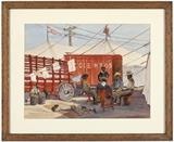 1033  Clarence Nelson Aldrich (1893-1953 Bishop, CA)
Cole Bros Circus workers, signed lower right: Clarence N. Aldrich, inscribed verso: First Award Watercolor, L.B. Art Assoc., watercolor on paper under glass, paper size: 19.25'' H x 24.75'' W, est: $700/900

Exhibited: Long Beach Art Association, Long Beach, CA, first award watercolor, n.d..  Note: Sight size: 18'' H x 23.75'' W.  Provenance: Private Collection, Los Angeles, CA.  Condition: Visual: Generally good condition. Mounted to the recto mat with archival tape in the four corners.    Your bid indicates acceptance of our Conditions of Sale.  AS-IS.  ALL SALES FINAL
