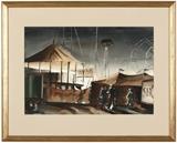 1034  Joseph Edward Knowles (1907-1980 Santa Barbara, CA)
Carnival nocturne with figures, signed and dated lower left: J. Knowles '39, watercolor on paper under glass, paper size: 15.25'' H x 22.5'' W, est: $600/800

Note: Sight size: 14.5'' H x 21.5'' W.  Provenance: Private Collection, Los Angeles, CA.  Condition: Visual: Generally good condition. Mounted to the back mat with plastic corner pockets in the upper corners and paper shelves along the lower edge. The recto and back mat are hinged together along the lower edge.    Your bid indicates acceptance of our Conditions of Sale.  AS-IS.  ALL SALES FINAL