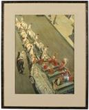 1035  Robert Barbour Johnson (1907-1987 San Francisco, CA)
Circus band pulled by eight horse team, signed lower right: Robert Barbour Johnson, mixed media on board under glass, board size: 19'' H x 14.25'' W, est: $600/800

Provenance: Private Collection, Los Angeles, CA.  Condition: Visual: Generally good condition. Varnish discoloration. Mounted to the recto mat with masking tape.    Your bid indicates acceptance of our Conditions of Sale.  AS-IS.  ALL SALES FINAL