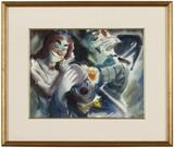 1037  20th Century American
'Clowns Making Up'',  signed illegibly lower right, titled verso, watercolor on paper under glass, paper size: 14.5'' H x 18.5'' W, est: $300/500

Note: Sight size: 13.75'' H x 17.75'' W.  Provenance: Private Collection, Los Angeles, CA.  Condition: Generally good condition. Mounted to the recto mat with archival tape along the upper edge and lower center.    Your bid indicates acceptance of our Conditions of Sale.  AS-IS.  ALL SALES FINAL