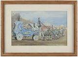 1039  Robert Barbour Johnson (1907-1987 San Francisco, CA)
Circus steam calliope wagon with horses, signed lower right: Robert Barbour Johnson, gouache and graphite on board laid to board under glass, sight size: 9.25'' H x 15'' W, est: $400/600

Provenance: Private Collection, Los Angeles, CA.  Condition: Visual: Generally good condition. The recto and back mat are glued together.    Your bid indicates acceptance of our Conditions of Sale.  AS-IS.  ALL SALES FINAL
