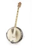 1042  An American tenor banjo, Bacon Banjo Co. Inc.
Circa 1930, Groton, Connecticut, model B&D Montana Special Silver Bell, Style No. 1, serial number ''27037'' stamped to dowel stick, accompanied by original case, 33'' H, est: $800/1200

Provenance: Private Collection, Southern California.  Condition: Head diameter: 11''. Overall good condition. General marks, minor scuffs and wear commensurate with age. Skin banjo head detached from tension hoop at bottom left quadrant; needs replacement. Armrest partially detached.  Your bid indicates acceptance of our Conditions of Sale.  AS-IS.  ALL SALES FINAL