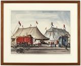 1040  Boris Leven (20th Century- American)
Circus setup, signed and dated lower right: Boris Leven '44, watercolor on paper under glass, sight size: 18'' H x 24'' W, est: $500/700

Provenance: Private Collection, Los Angeles, CA.  Condition: Visual: Generally good condition. The recto and back mat are glued together.    Your bid indicates acceptance of our Conditions of Sale.  AS-IS.  ALL SALES FINAL