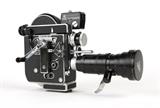 1046  A Bolex H-16 Reflex REX-4 16mm motion picture film camera, zoom lens and accessories
Circa 1965, serial number 21900216, together with a P. Angenieux, Paris 120 RX zoom lens (f/2.2 12-120), type 10 x 12 C, with a built-in geared crank allowing for slow zooms and a detachable 1'' rod for faster zooms, and a Kern-Paillard ''Visifocus'' Switar RX 16mm f/1.8 lens, each lens with lens cover retained, also with top-mounted Gossen exposure meter, five additional filter holders, a later model Paillard Bolex H Declic trigger hand grip with leather strap, 1 2'' square Kodak no. 96 N.D. 0.60 gelatin filter, 1 2'' square Kodak No. 1A skylight gelatin filter, 1 2'' square No. 8 K2 gelatin filter, 1 2'' square No. 85 daylight filter for Kodak type A color films, 1 3'' square No. 85B daylight filter for Kodak type B color films, original instruction manual and fitted carrying case, camera body only: 8.75'' H x 7.25'' W x 3.5'' D, est: $300/500

Provenance: Private Collection, Pasadena, CA.  Con