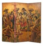 1051  Richmond Kelsey (1905-1987 Oxnard, CA)
Folding Screen with early California Theme, signed lower right: Richmond I. Kelsey, oil on board, each panel: 65.75'' x 24''. Total: 65.75'' H x 72'' W, est: $4000/6000

Provenance: Private Collection, Ventura, CA.  Condition: Visual: Each panel: Generally good condition. General marks, scratches, minor paint loss, chips and losses to edges commensurate with age; the largest 5.25'' x .25'' approximately. Lacking one set of hinges connecting left and center panels. Left panel: A 3'' scratch with minor paint loss in the woman's neck. An 8'' scratch with minor paint loss right center. Middle panel: A small pinhole in the man's face on the right. Right panel: A 3'' and a 1'' scratch in the man's sombrero lower center. Small areas of paint loss lower right, the largest pea-sized. A small pinhole lower right. A small area of paint loss in the boy's chest.  Blacklight: Left panel: Touch-up along all four edges. A 15'' x 5'' area of touch-up in the 