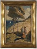 1052  Hernando G. Villa (1881-1952 Los Angeles, CA)
Figures on a path overlooking the coast, signed lower left: H.G. Villa, oil on artist board, 11.75'' H x 8.25'' W, est: $600/800

Provenance: Estate, Anacortes, WA.  Condition: Visual: Generally good condition.  Blacklight: No evidence of restoration under blacklight.  Your bid indicates acceptance of our Conditions of Sale.  AS-IS.  ALL SALES FINAL