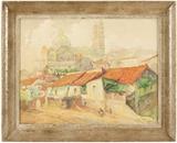 1053  Harry Emerson Lewis (1892-1958 San Francisco, CA)
''Tasco (sic) Cathedral'', signed lower left: Emerson Lewis, titled and dated verso: W/26, watercolor on paper under glass, sight size: 20'' H x 26'' W, est: $500/700

Provenance: Private Collection, Los Angeles, CA.  Condition: Visual: Generally good condition. The paper is slightly rippled.    Your bid indicates acceptance of our Conditions of Sale.  AS-IS.  ALL SALES FINAL