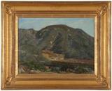 1056  Frederick William Becker (1888-1974 Palm Springs, CA)
''Tujunga Canyon'', signed lower left: Frederick W. Becker, titled and dated on artist label verso: '64, oil on canvas laid to masonite, 12'' H x 16'' W, est: $800/1200

Exhibited: Pasadena Heritage Blinn House Exhibition, Pasadena, CA, ''Early California Impressionist & Post Impressionist Paintings'', 1-2 November 1996.  Provenance: Stewart Galleries, Palm Springs, CA; Estate, Anacortes, WA.  Condition: Visual: Generally good condition. Very fine craquelure throughout the mountains. Tiny flecks of paint loss scattered throughout the lower quadrant.  Blacklight: Touch-up scattered throughout the mountains.  Your bid indicates acceptance of our Conditions of Sale.  AS-IS.  ALL SALES FINAL