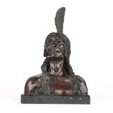 1060  After Giuseppe Moretti (1857 - 1935, Alabama / New York)
Signed to verso ''G. Moretti'', a bronze bust of a Plains Indian man raised on a black marble plinth, overall: 13.5'' H x 9'' W x 8'' D, est: $1000/1500

Provenance: Private Collection, Newcastle, CA.  Condition: The bronze: 12.25'' H. Overall good condition. Minor (.25''-long) surface chip and a 1.25''-long crack and possible repair to front right corner of plinth.  Your bid indicates acceptance of our Conditions of Sale.  AS-IS.  ALL SALES FINAL