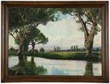 1057  H. Richter (20th Century- American)
Trees by a lake, signed lower right: H. Richter, oil on canvas, 25'' H x 34'' W, est: $1000/1500

Provenance: Private Collection, Hasbrouck, NJ.  Condition: Visual: Stretcher bar creases. Frame abrasion. Loose, rippled canvas lower right corner. Surface dirt.  Blacklight: A 7'' x 7'' area of scattered touch-up upper left with corresponding patch verso. A 5'' line of touch-up lower left with corresponding patch verso. Three 1.5'' x 1'' spots of touch-up right center, one with corresponding patch verso. A 9'' x 5'' area of scattered touch-up upper center. Repair to a small hole upper center with corresponding patch verso. A 3.5'' x 3'' area of scattered touch-up upper right. A 3'' x 2'' area of scattered touch-up right center edge. A 2'' x 1.5'' area of touch-up lower right above the signature. Spots of touch-up scattered throughout the lake. A 3'' line of touch-up left center edge. Touch-up throughout the tree left center. A 2'' line of scattere