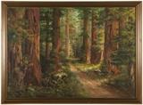 1064  20th Century American, redwoods landscape
Path through Redwood forest, signed and dated lower right: A. Ostergren 1947, oil on canvas laid to panel, 36'' H x 50'' W, est: $500/700

Provenance: Private Collection, Los Angeles, CA.  Condition: Visual: Generally good condition. Small areas of paint shrinkage in some of the darker pigments upper and lower left. Minor frame abrasion. Blacklight: No evidence of restoration under blacklight.    Your bid indicates acceptance of our Conditions of Sale.  AS-IS.  ALL SALES FINAL