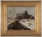 1066  George Spangenberg (1907-1964 San Diego, CA)
''Snowscape'', House in a winter landscape, signed lower right: G. Spangenberg, signed again, titled and numbered verso: #1, oil on board, 12'' H x 14'' W, est: $1000/1500

Provenance: Estate of Charles Augustus Hill, Point Loma, CA, acquired directly from the artist in exchange for room and board.  Condition: Visual: Generally good condition. Small surface scratches in the center, upper center and lower left. Fine craquelure throughout the white pigment of the snow.  Blacklight: No evidence of restoration under blacklight.  Your bid indicates acceptance of our Conditions of Sale.  AS-IS.  ALL SALES FINAL