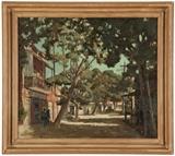 1065  Marshall Wayne Hibbard (1910-1989 San Francisco, CA)
Street scene in a western town, signed lower left: Marsh Hibbard, oil on canvas laid to board, 19.25'' H x 22'' W, est: $600/800

Provenance: Private Collection, Los Angeles, CA.  Condition: Visual: Generally good condition. Scattered areas of fine craquelure.  Blacklight: No evidence of restoration under blacklight.  Your bid indicates acceptance of our Conditions of Sale.  AS-IS.  ALL SALES FINAL